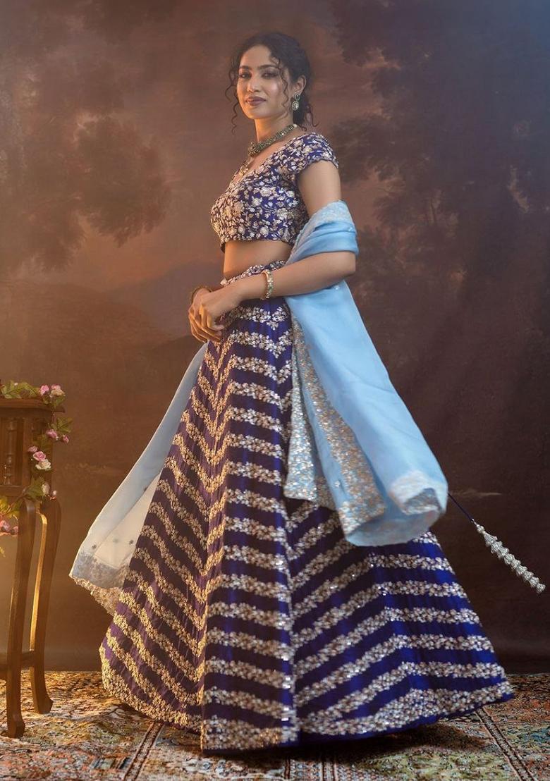 Blue Embroidered Chinon Lehenga Set - Indya
