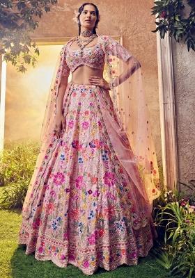 Pink Embroidered Georgette Lehenga Set