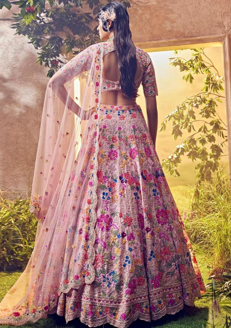 Pink Embroidered Georgette Lehenga Set - Indya