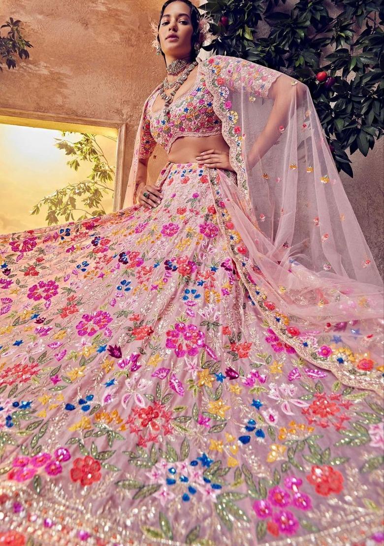 Pink Embroidered Georgette Lehenga Set - Indya