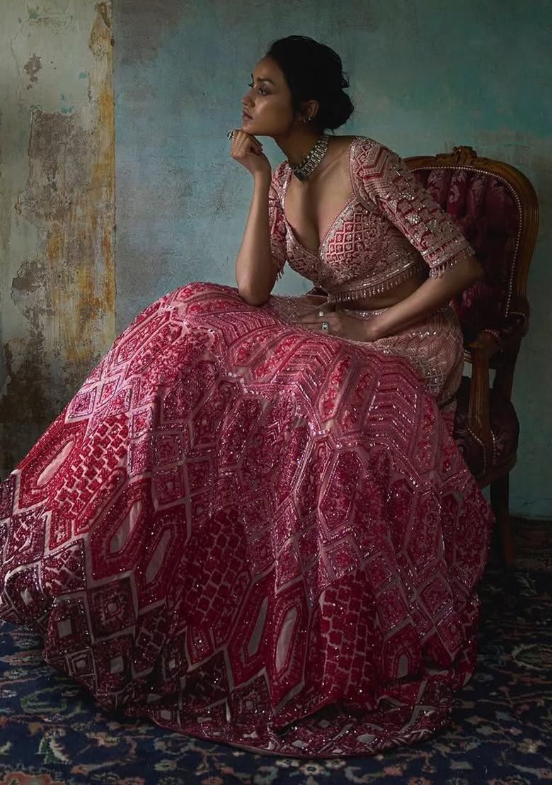 Pink Embroidered Georgette Lehenga Set - Indya