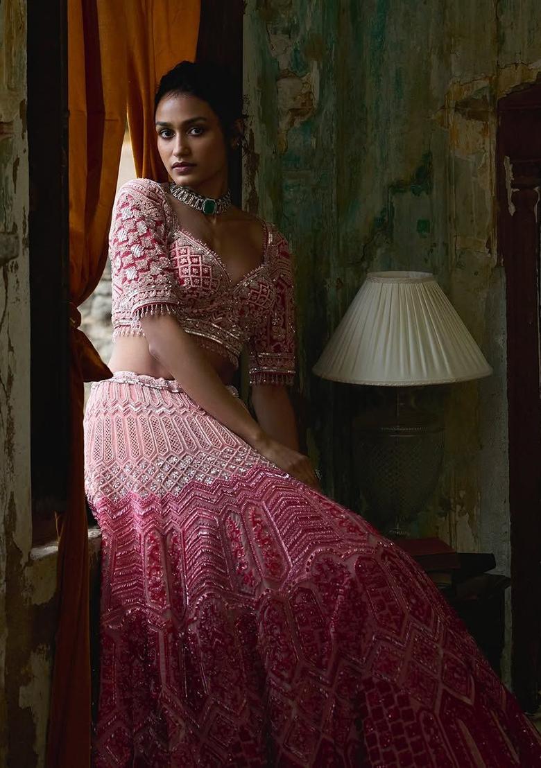 Pink Embroidered Georgette Lehenga Set - Indya