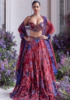 Maroon Embroidered Silk Lehenga Set
