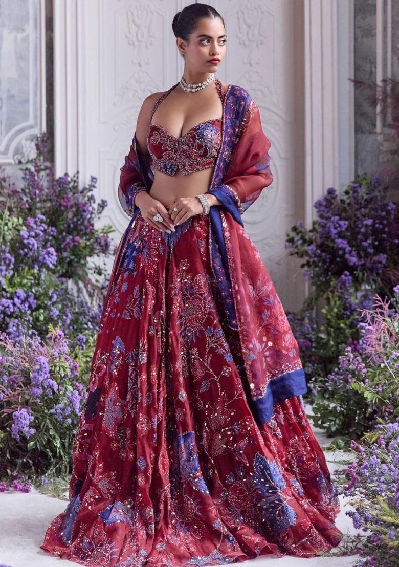 Maroon Embroidered Silk Lehenga Set - Indya