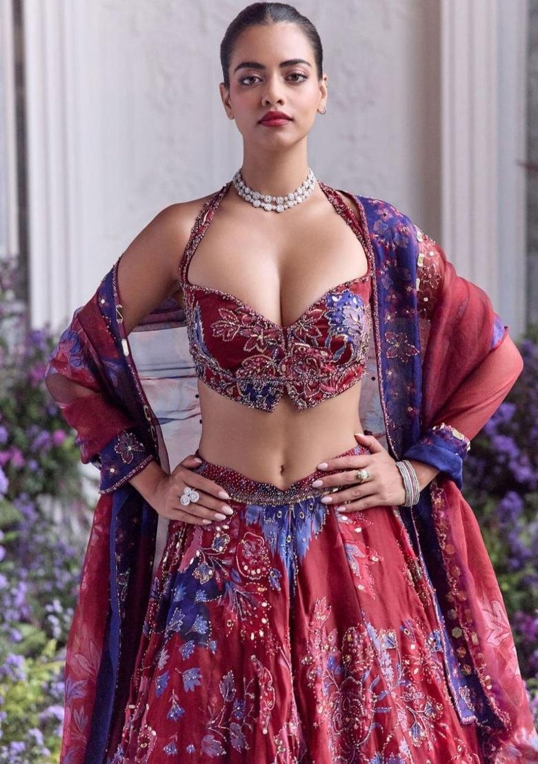 Maroon Embroidered Silk Lehenga Set - Indya
