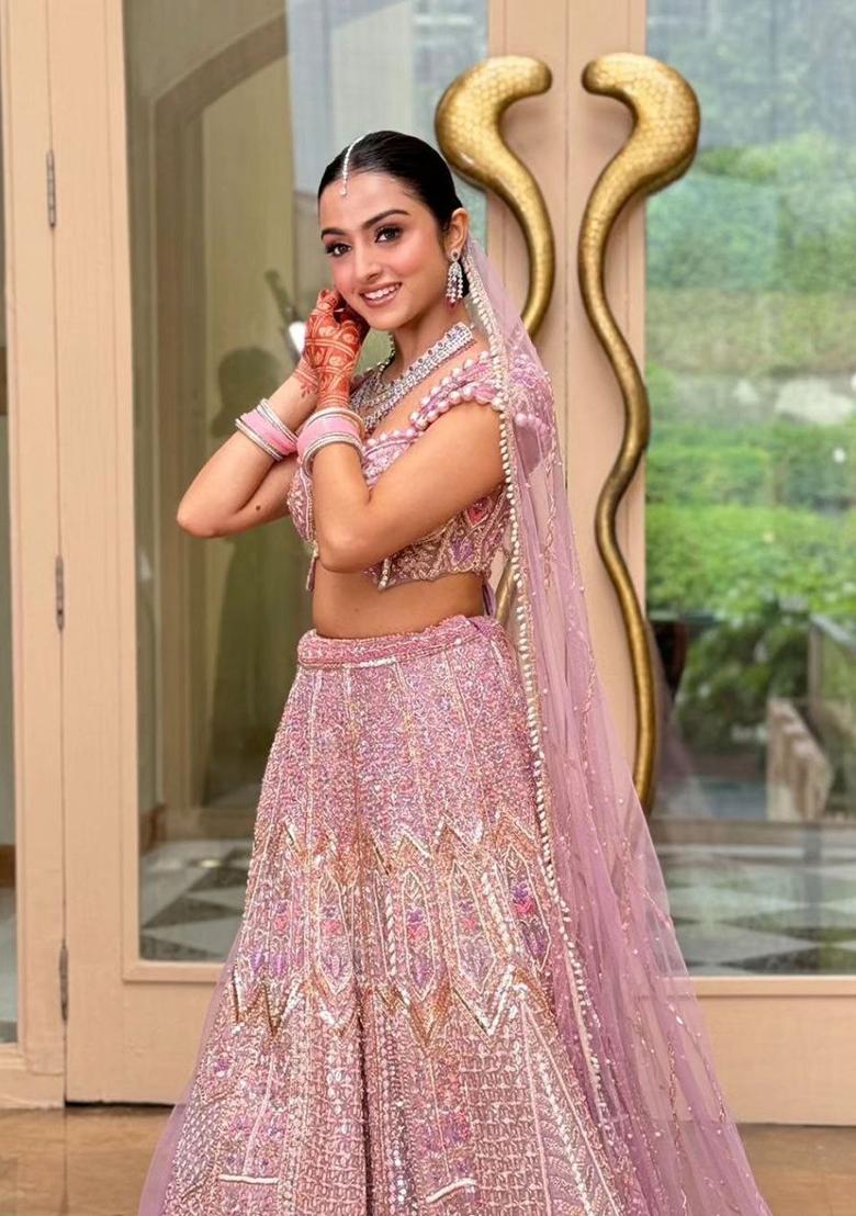 Pink Embroidered Silk Lehenga Set - Indya