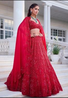 Red Embroidered Silk Lehenga Set