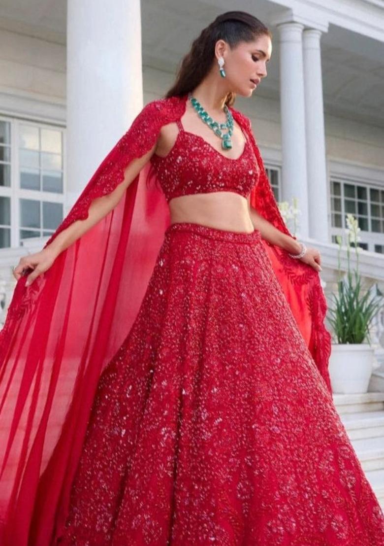 Red Embroidered Silk Lehenga Set - Indya