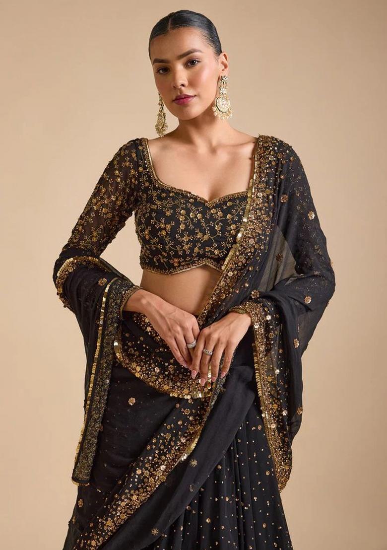 Black Embroidered Georgette Lehenga Set - Indya