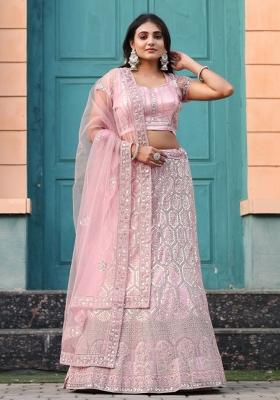 Peach Sequin Work Net Lehenga Set