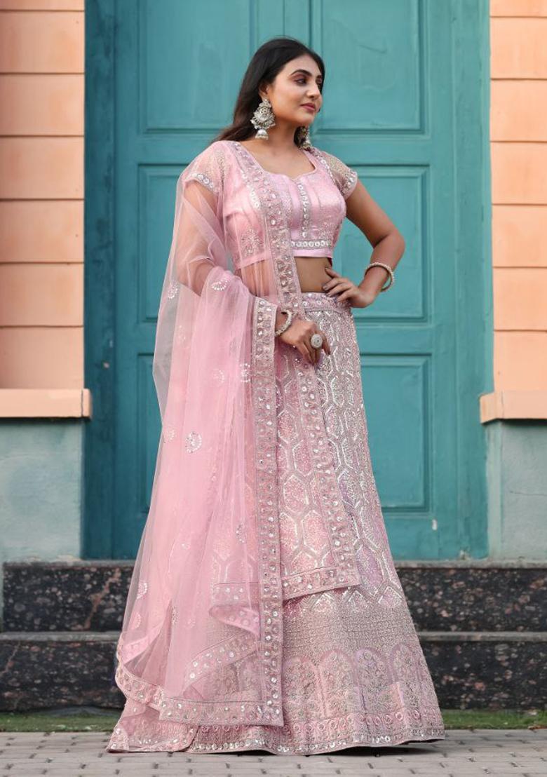 Peach Sequin Work Net Lehenga Set - Indya
