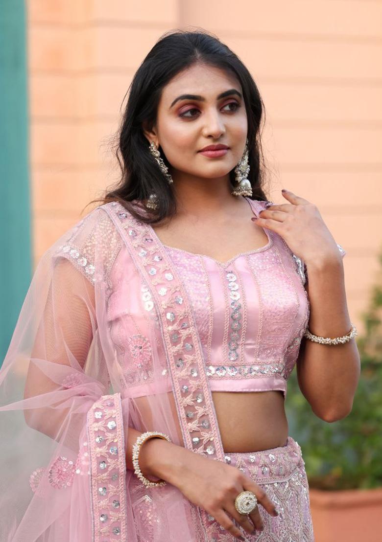 Peach Sequin Work Net Lehenga Set - Indya