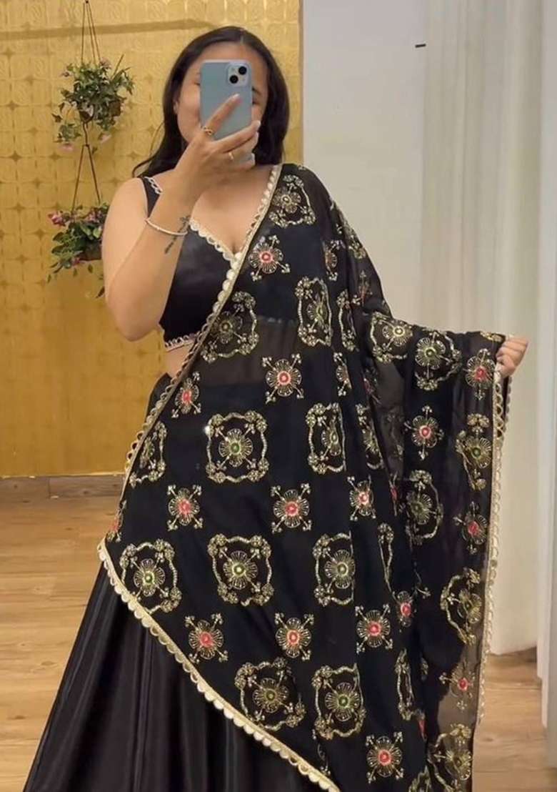 Black Satin Lehenga Set - Indya