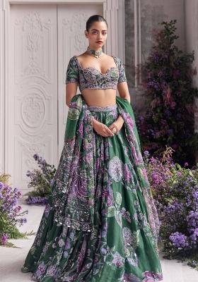 Green Embroidered Silk Lehenga Set
