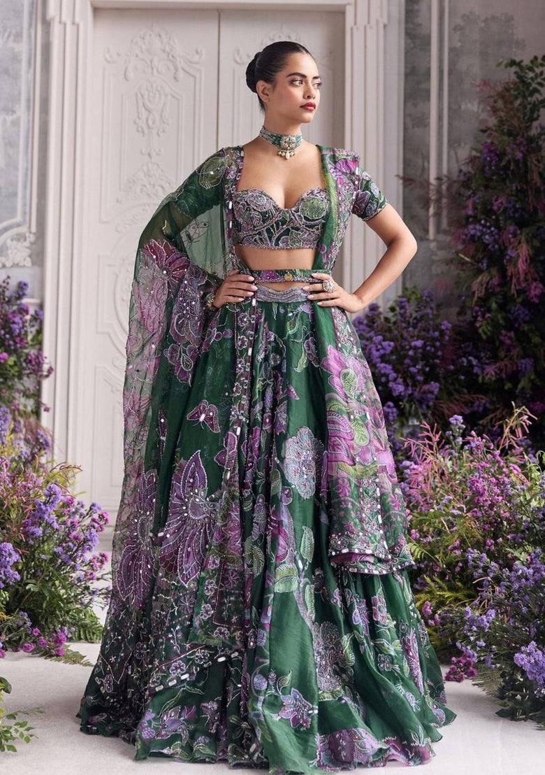 Green Embroidered Silk Lehenga Set - Indya