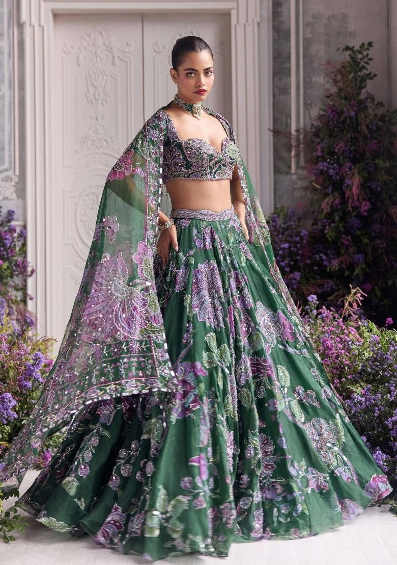 Green Embroidered Silk Lehenga Set - Indya