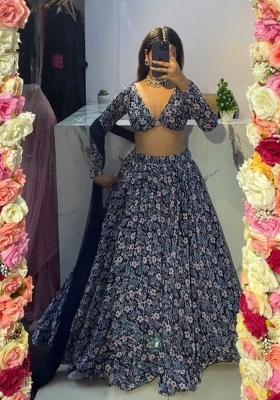 Multicolor Printed Chinon Lehenga Set