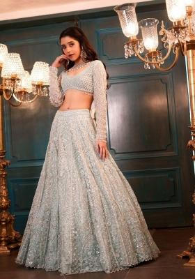 Blue Embroidered Georgette Lehenga Set