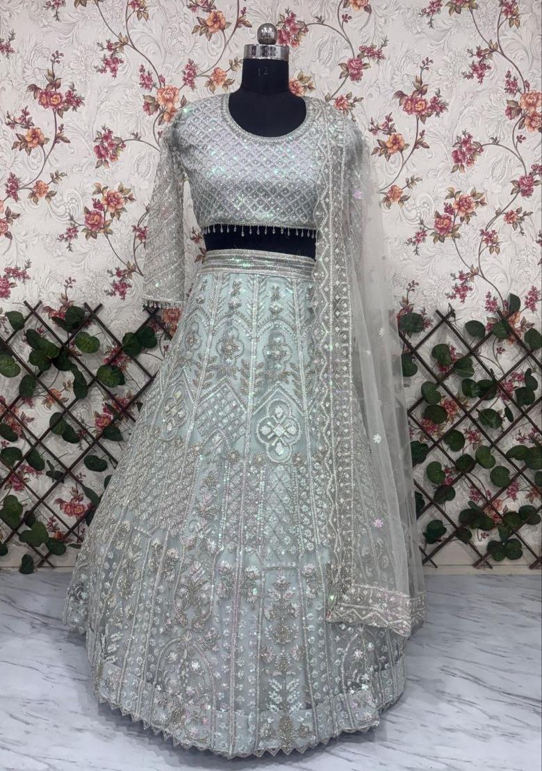 Blue Embroidered Georgette Lehenga Set - Indya