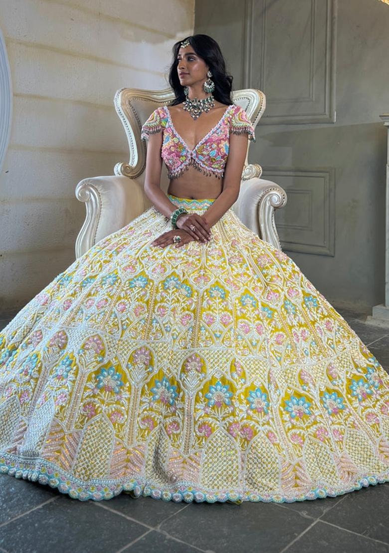Yellow Embroidered Silk Lehenga Set - Indya
