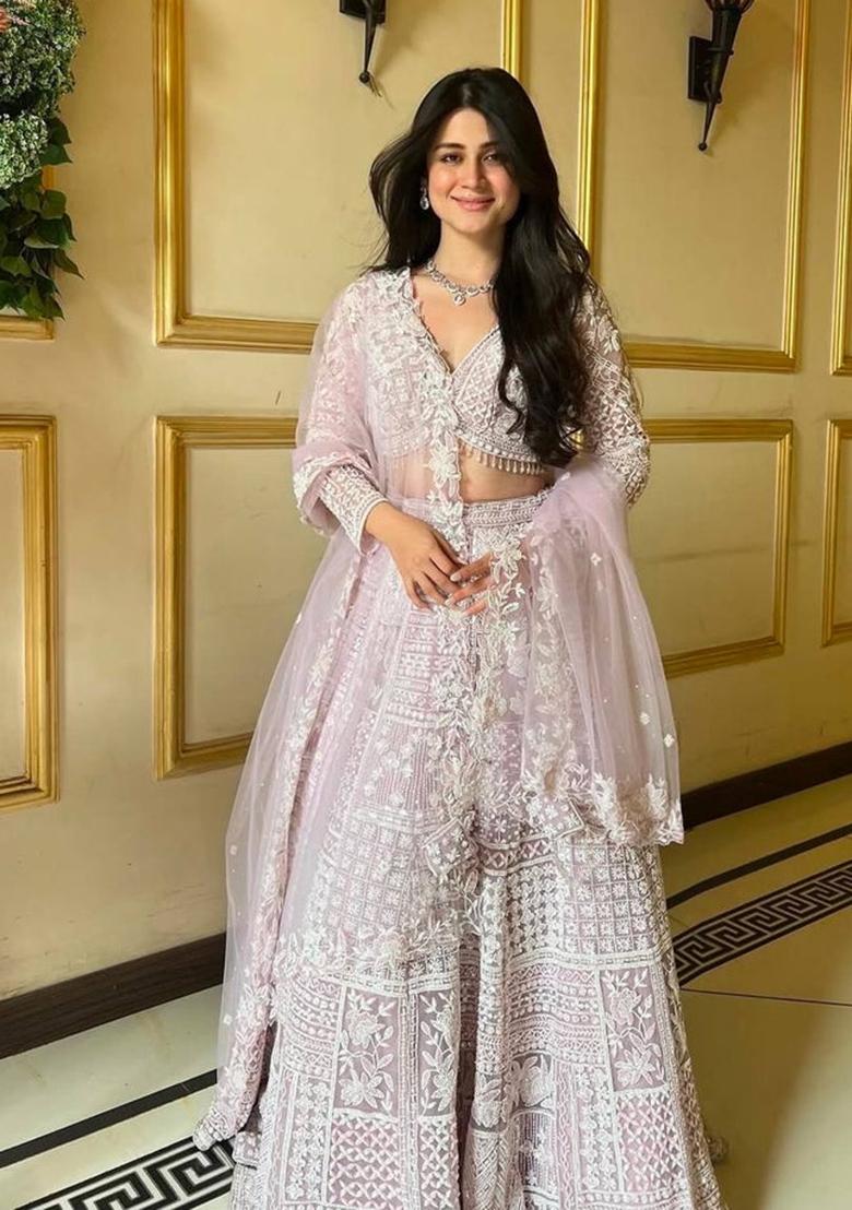 Light Pink Embroidered Net Lehenga Set - Indya