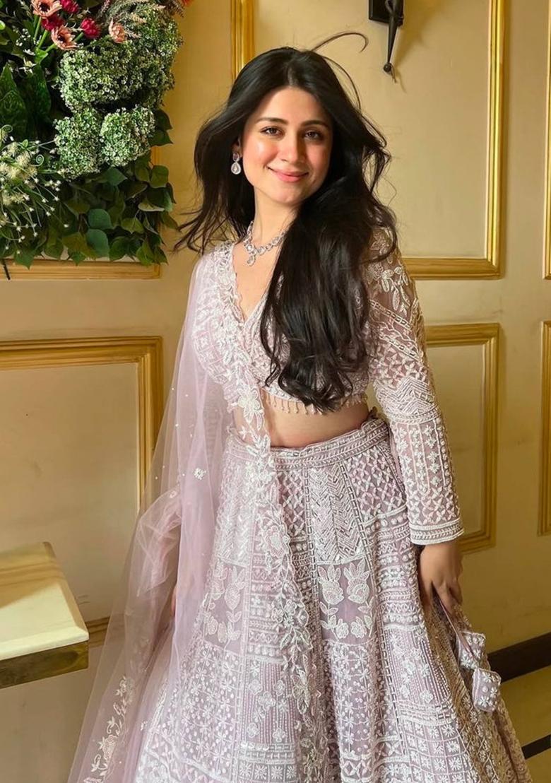 Light Pink Embroidered Net Lehenga Set - Indya