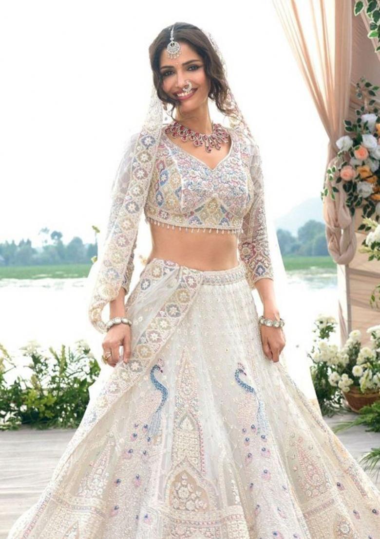 White Embroidered Net Lehenga Set - Indya