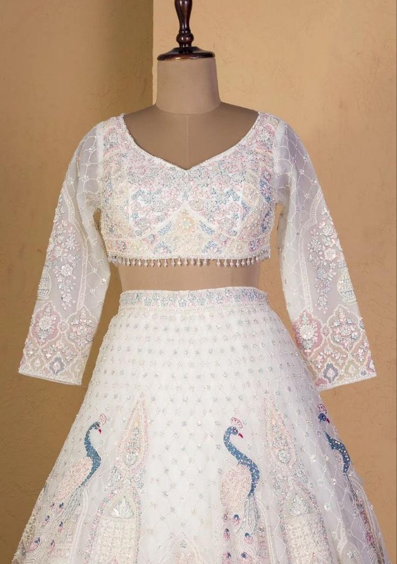 White Embroidered Net Lehenga Set - Indya