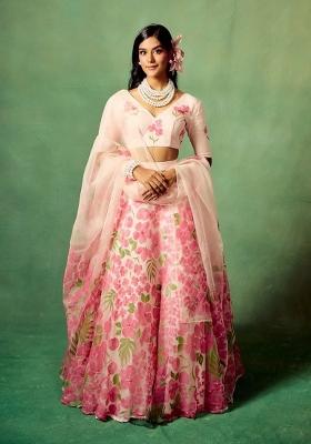 Peach Printed Silk Lehenga Set