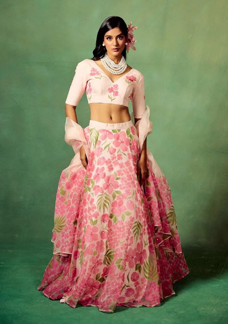 Peach Printed Silk Lehenga Set - Indya