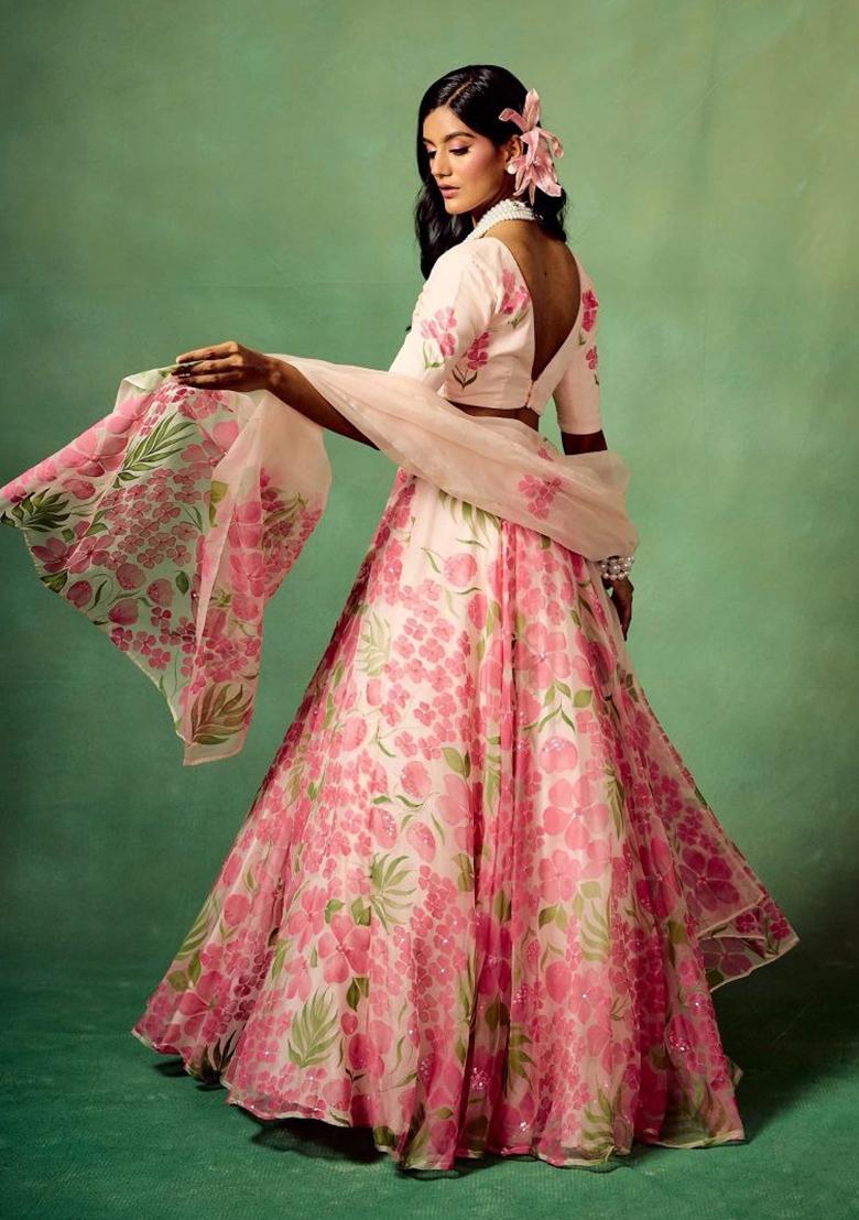 Peach Printed Silk Lehenga Set - Indya