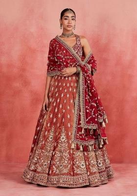 Orange Embroidered Silk Lehenga Set