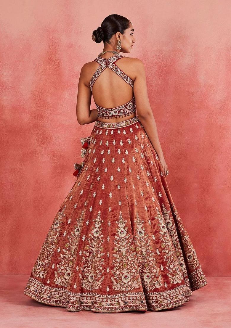 Orange Embroidered Silk Lehenga Set - Indya