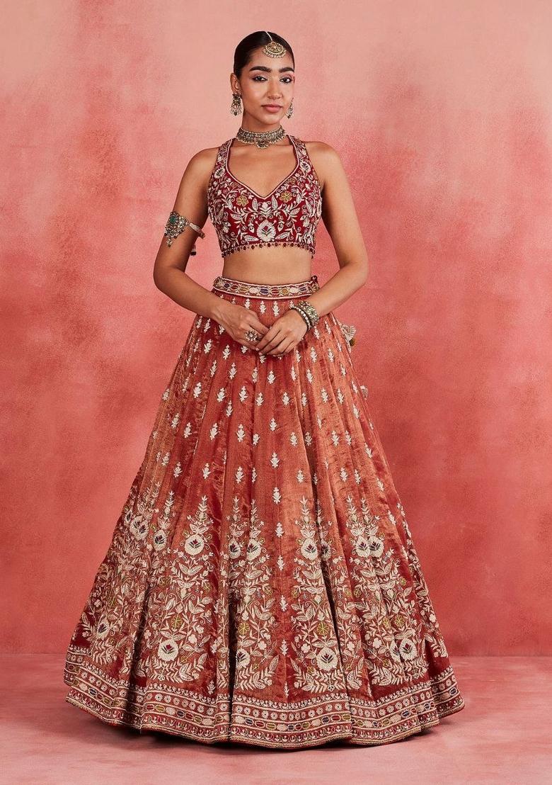Orange Embroidered Silk Lehenga Set - Indya