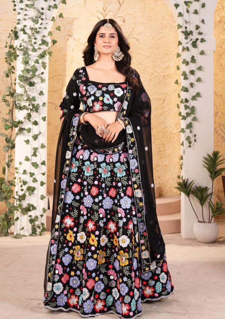 Black Embroidered Georgette Lehenga Set - Indya
