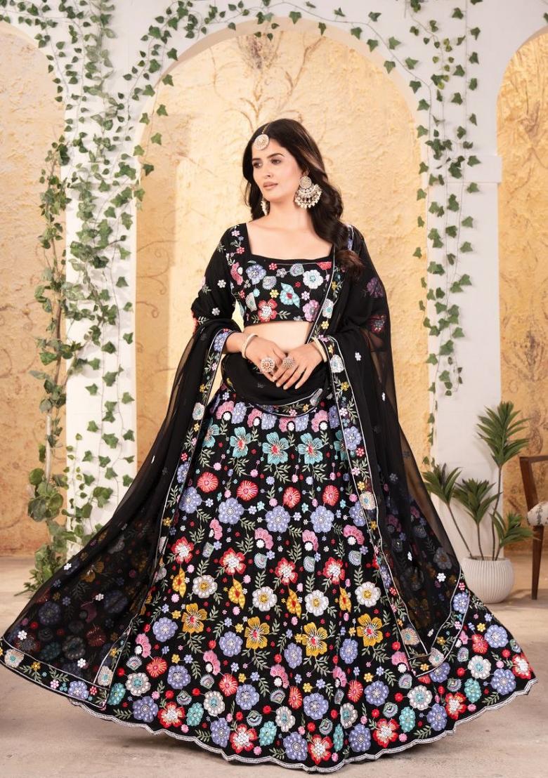 Black Embroidered Georgette Lehenga Set - Indya