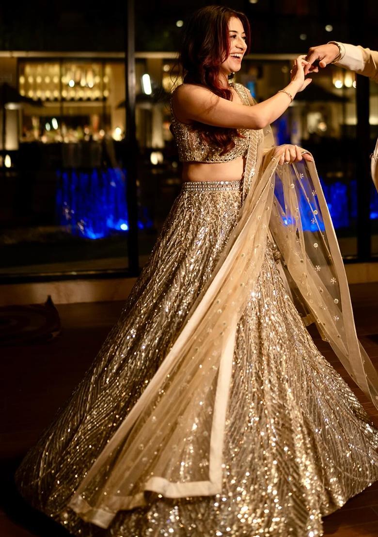 Golden Embroidered Silk Lehenga Set - Indya