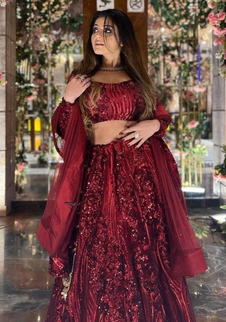 Maroon Sequin Work Net Lehenga Set - Indya
