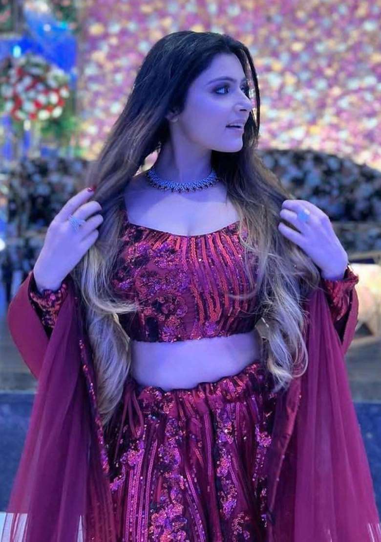 Maroon Work Net Lehenga Set with Sequin for Diwali | Wedding & Festive Wear - Indya