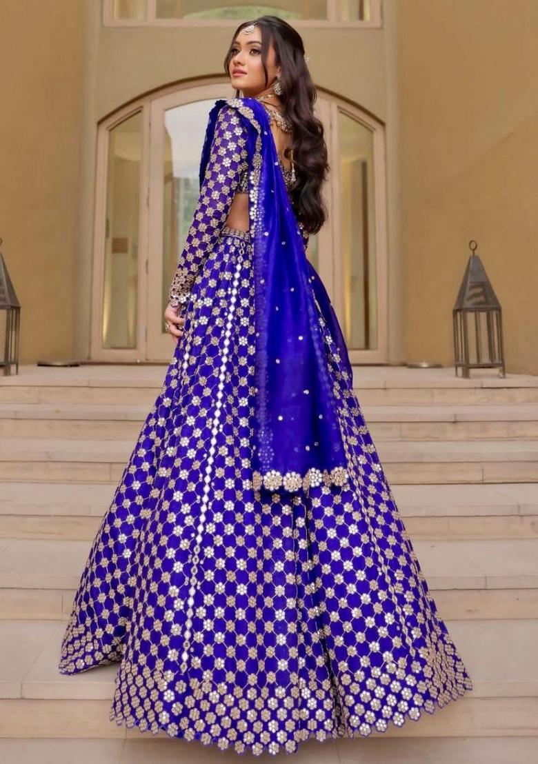 Royal Blue Embroidered Georgette Lehenga Set - Indya