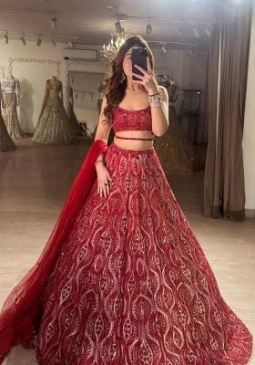 Red Embroidered Net Lehenga Set