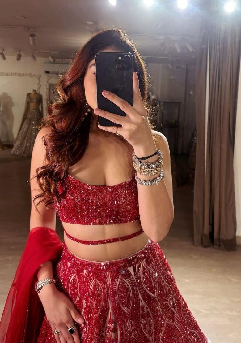 Red Embroidered Net Lehenga Set - Indya