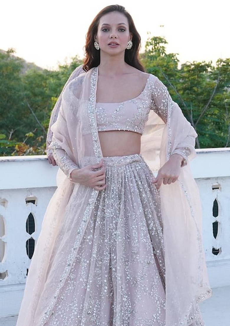 Peach Embroidered Silk Lehenga Set - Indya