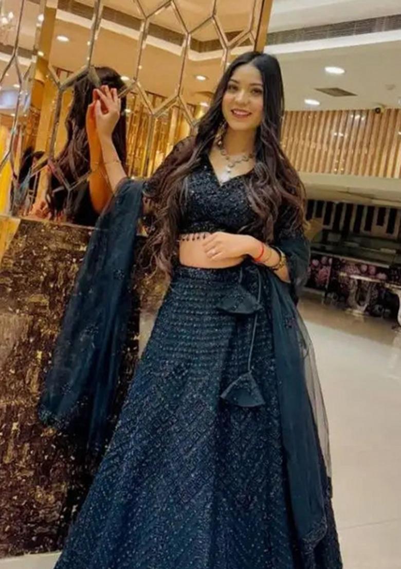 Black Embroidered Net Lehenga Set - Indya