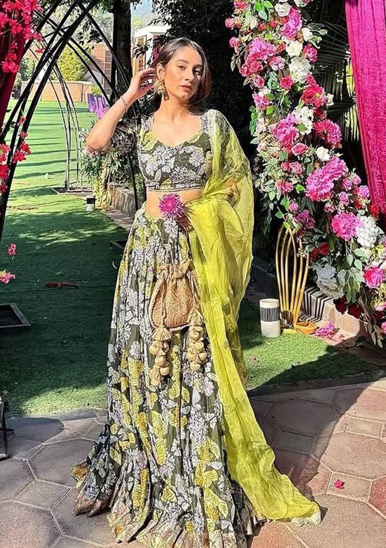 Parrot Printed Chinon Lehenga Set - Indya