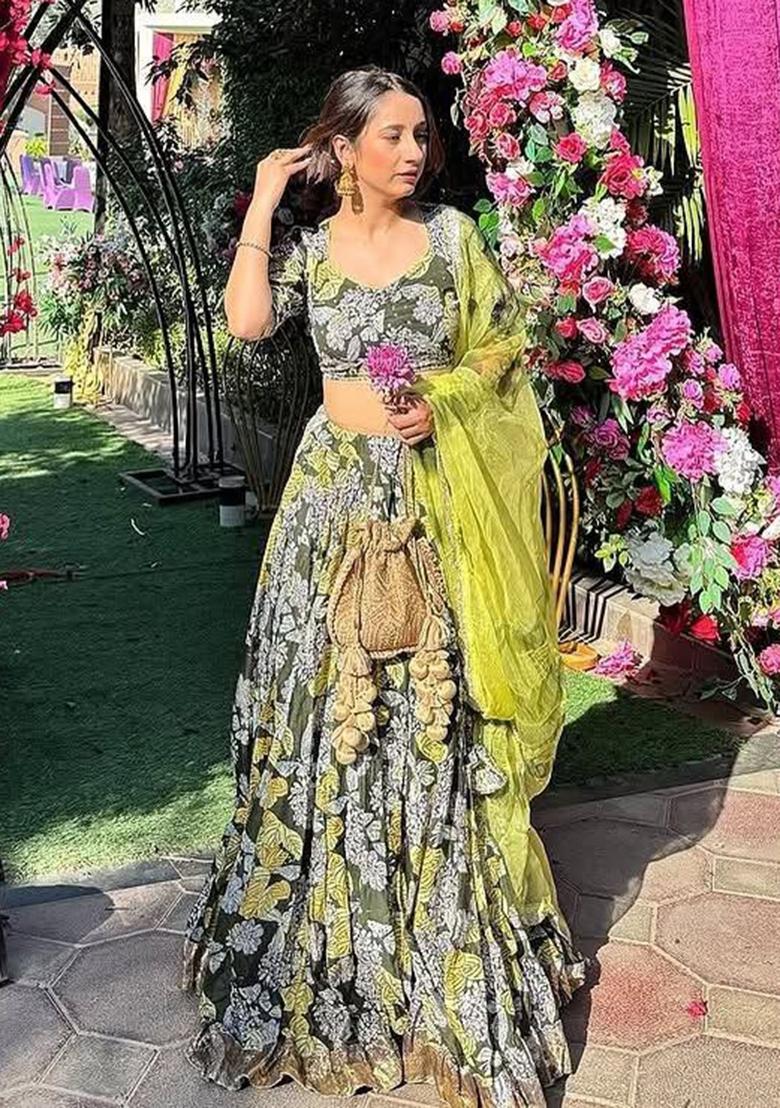 Parrot Printed Chinon Lehenga Set - Indya