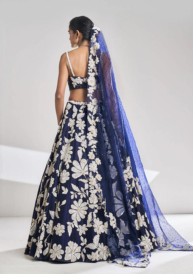 Blue Embroidered Georgette Lehenga Set - Indya