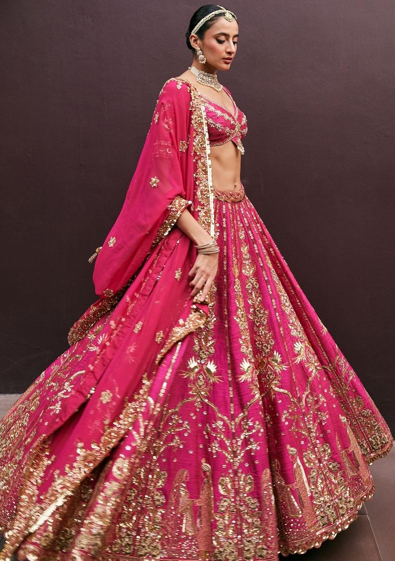 Rani Pink Embroidered Silk Lehenga Set - Indya