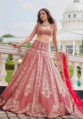 Red Embroidered Satin Lehenga Set