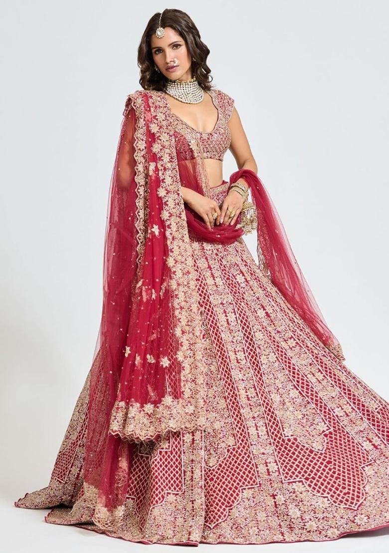 Red Embroidered Satin Lehenga Set - Indya